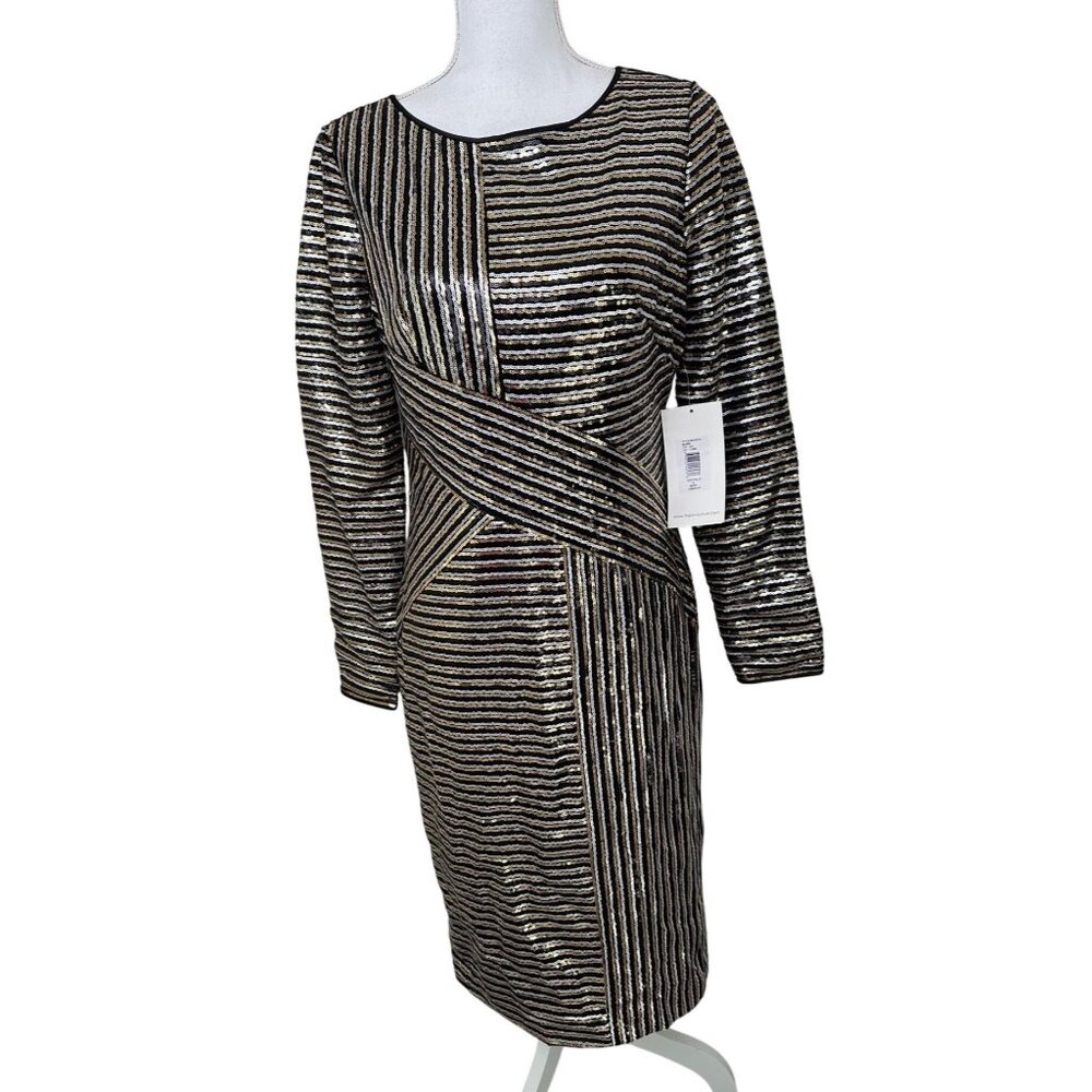 THEIA New Sz 8 Black & Gold Striped Sequin LS Evening Cocktail Dress $495